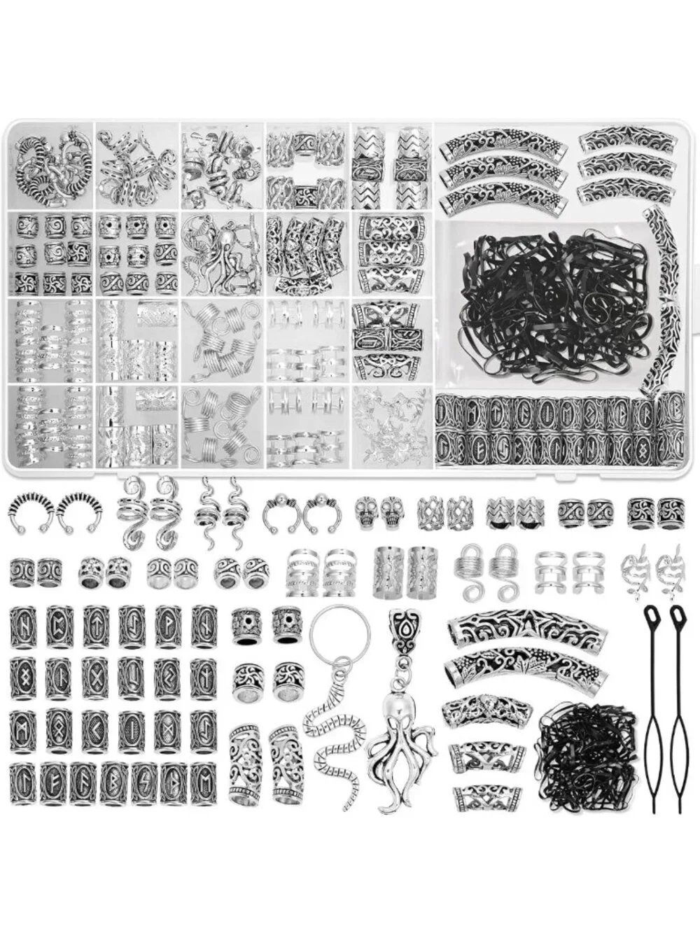 Viking Hair Accessories Set - 247 Pcs Norse Runes Beads, Metal Cuffs & Dreadlock